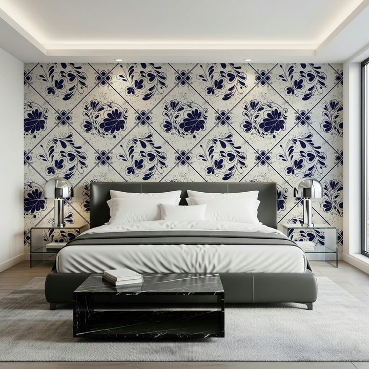 Vintage Indigo Floral Tiles Wallpaper⁠