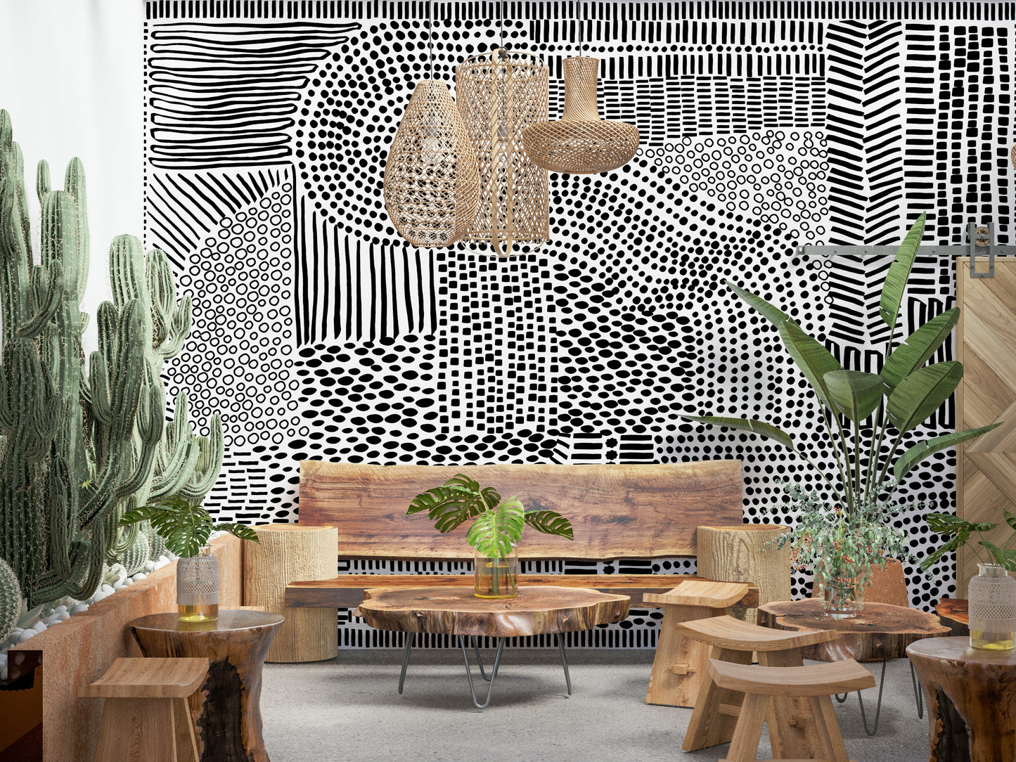 Fresque murale en noir et blanc représentant un labyrinthe