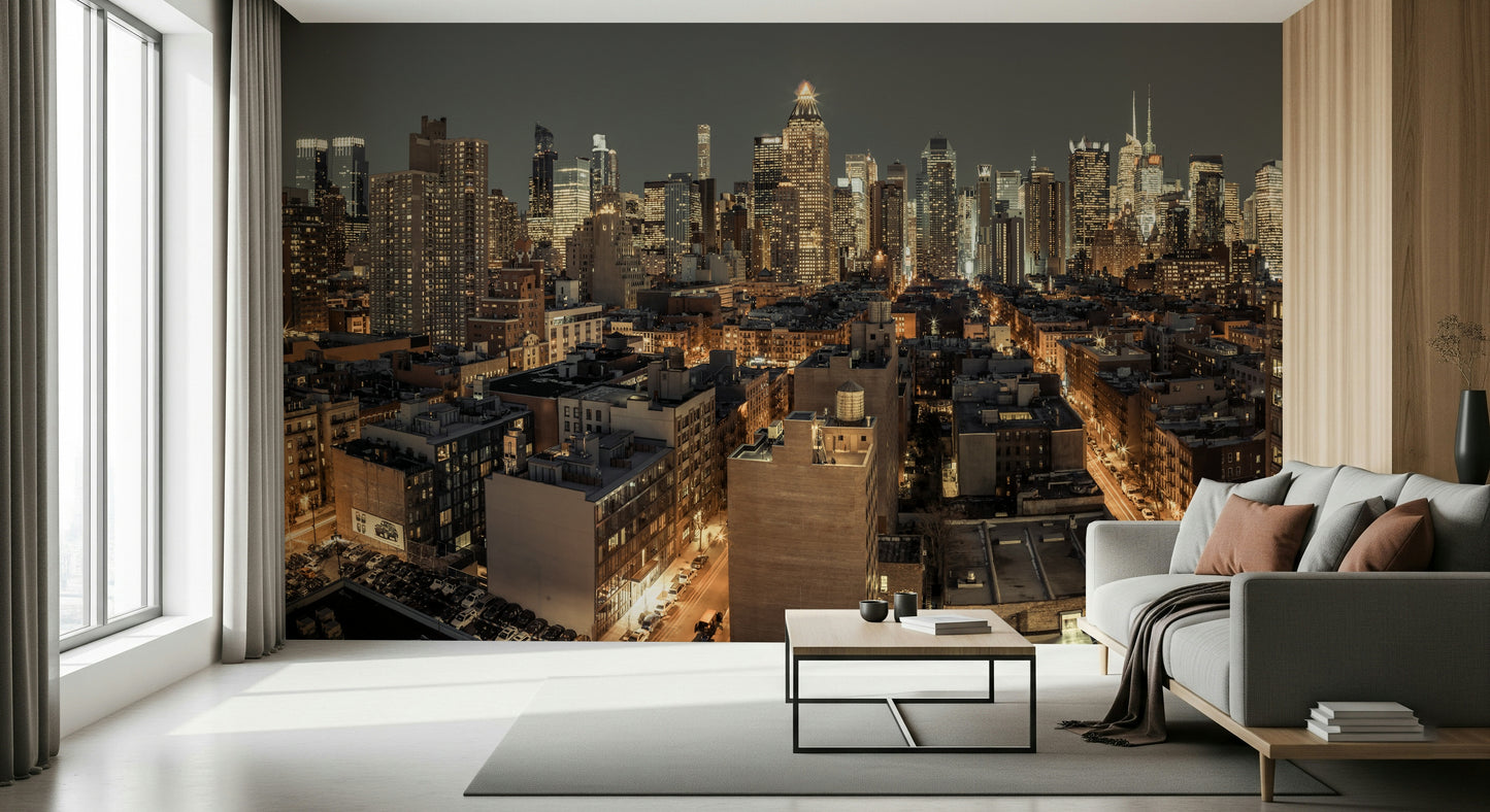 Fresque murale représentant un paysage urbain au crépuscule