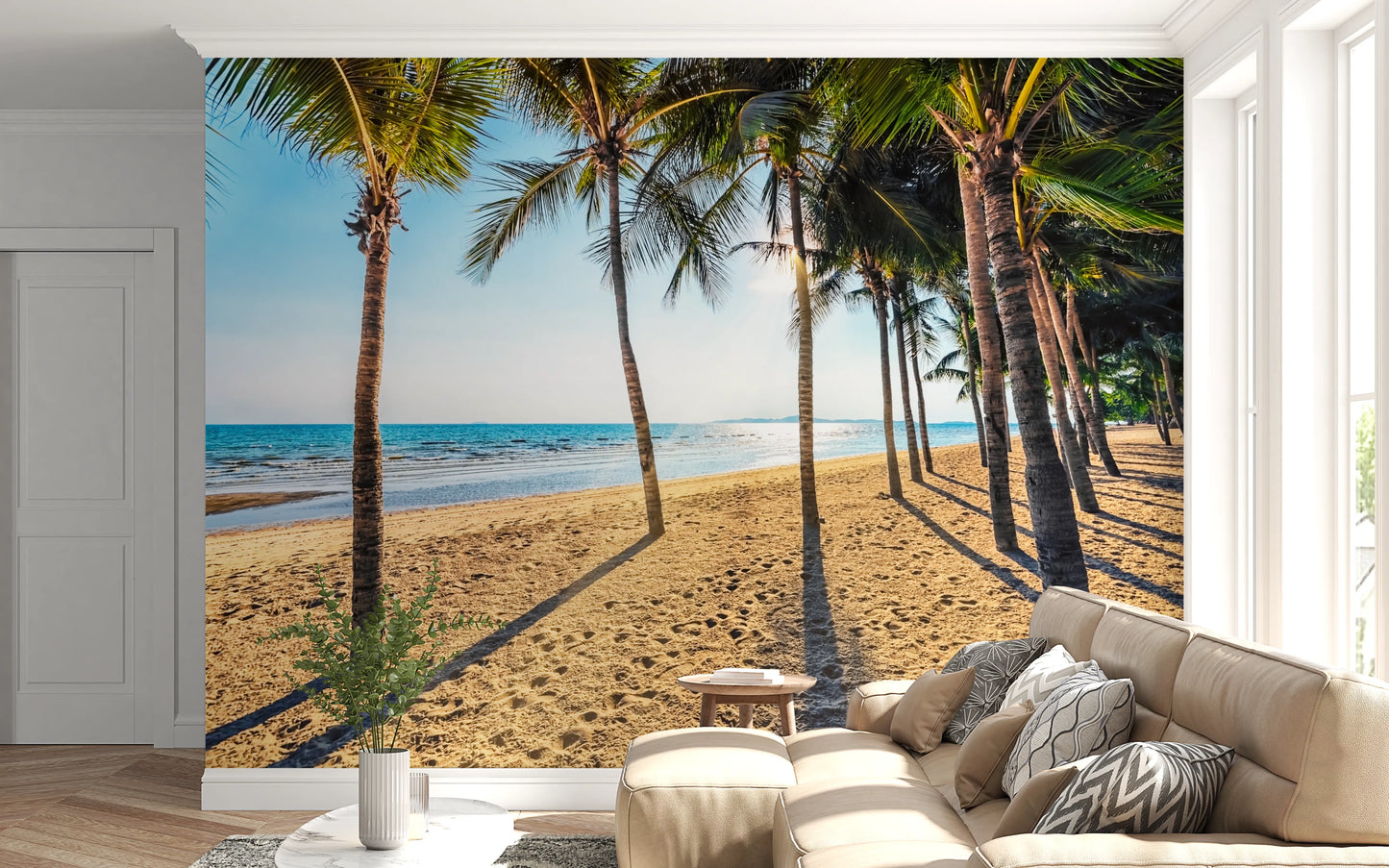 Vægmaleri med palmer på den gyldne strand