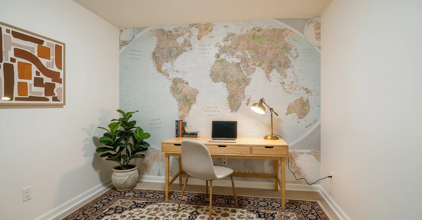 Carte du monde classique aux tons bleus et terreux - Fresque murale