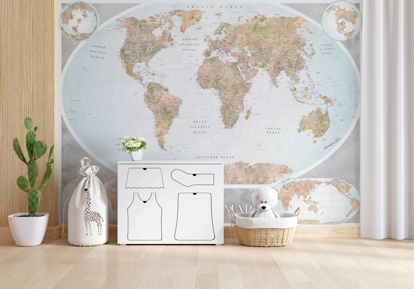 Klassisk verdenskort i blå og jordfarvede toner, vægmaleri