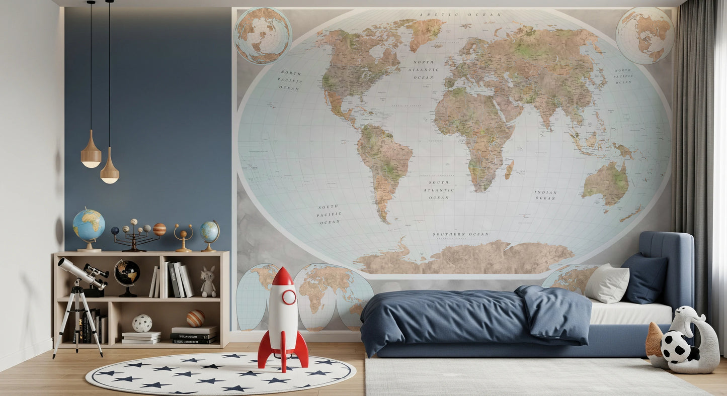 Carte du monde classique aux tons bleus et terreux - Fresque murale