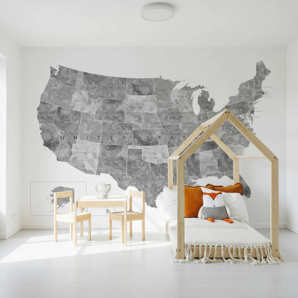 USA map with states and capitals in gray watercolor Wall Mural
