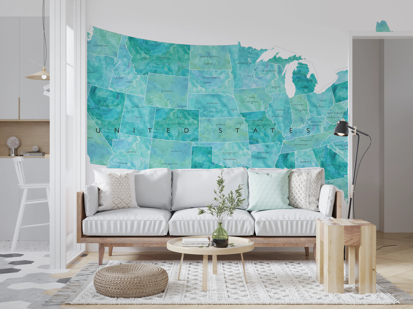 USA kort med stater og hovedstæder i blågrøn akvarel vægmaleri