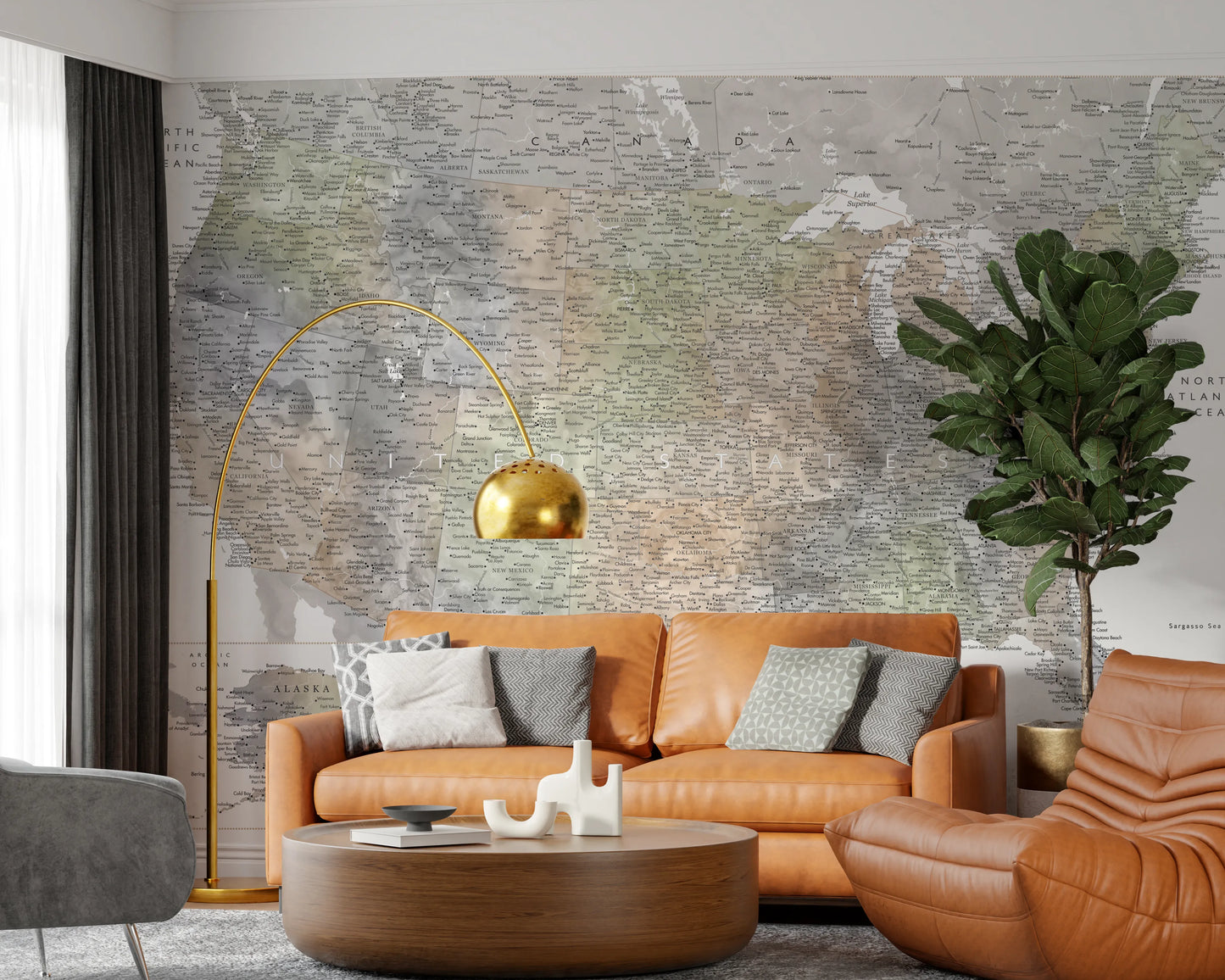 Detaljeret kort over USA med byer i dæmpet akvarel, HABIKI vægmaleri