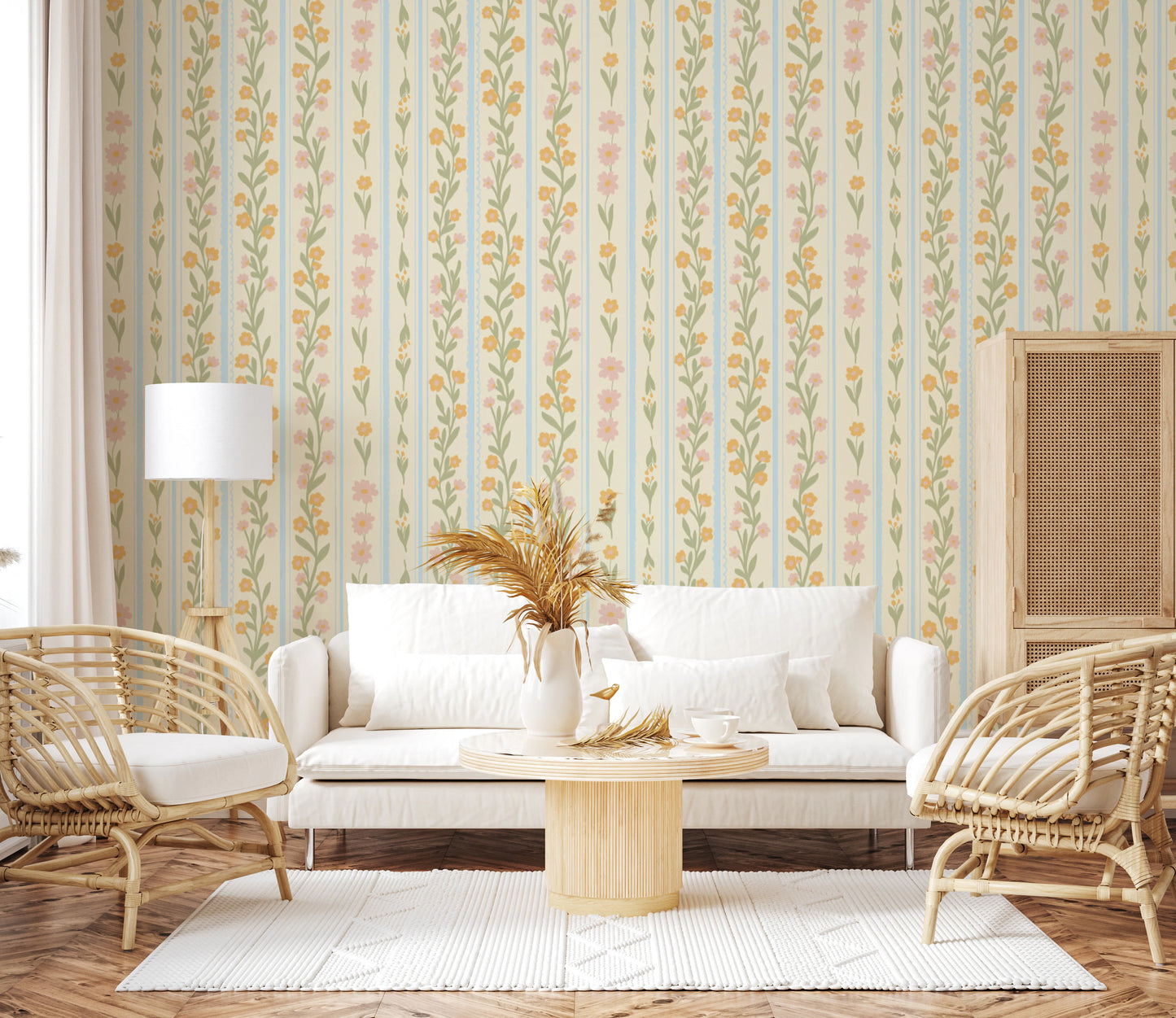 Papier peint à rayures fleuries