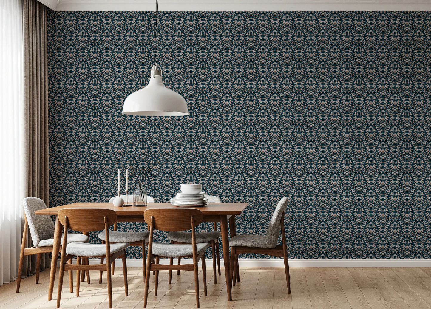 Vintage DARK BLUE DAMASK Wallpaper⁠