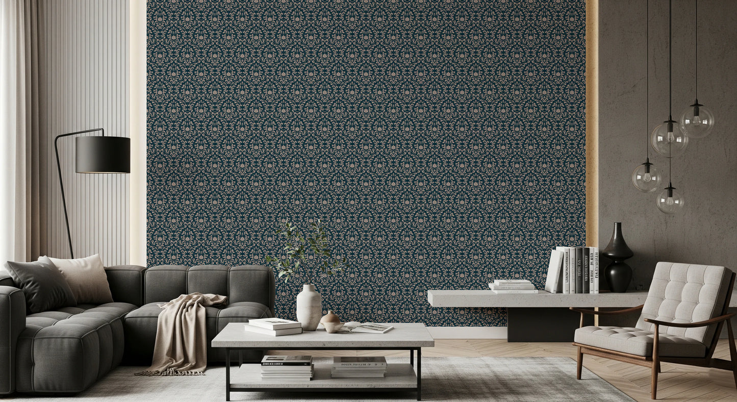 Vintage DARK BLUE DAMASK Wallpaper⁠