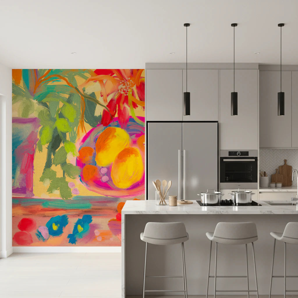 Fargerik abstrakt stilleben med blomster og sitroner veggmaleri