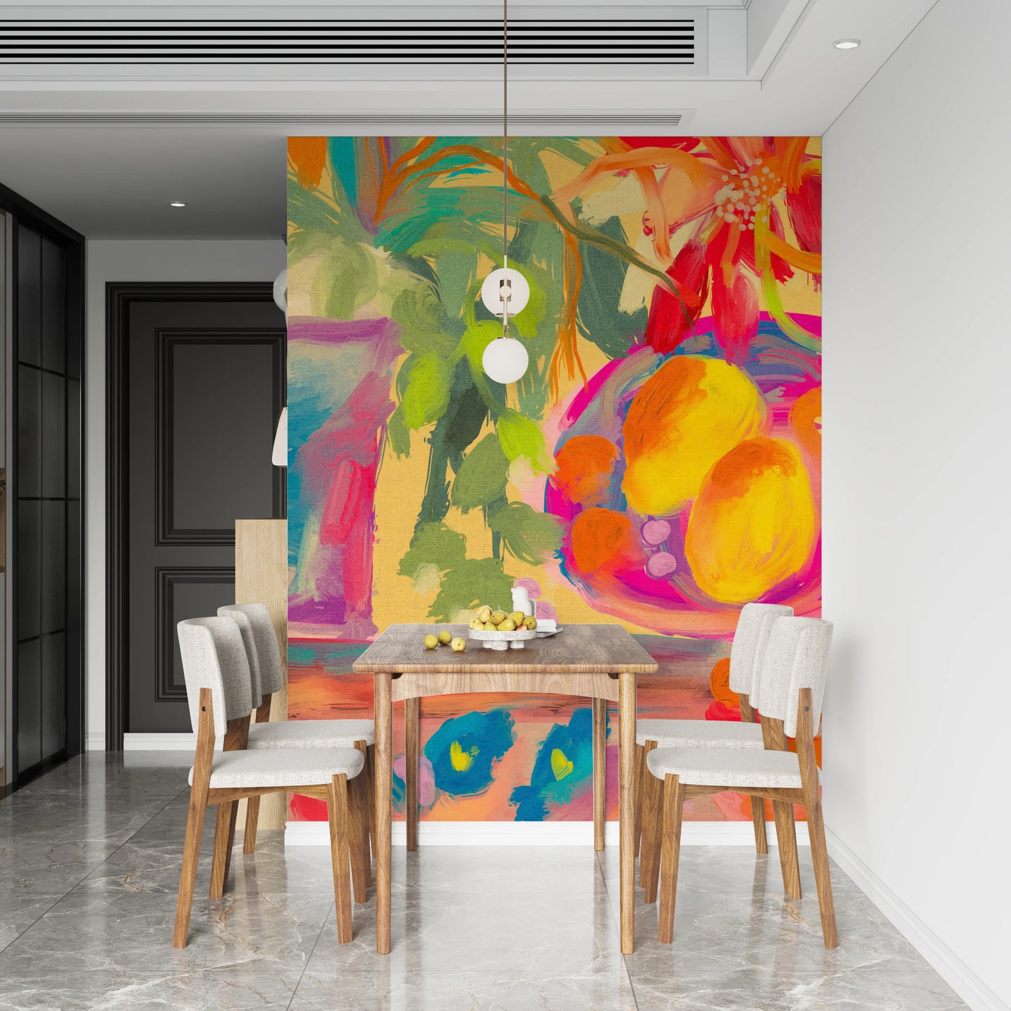 Fargerik abstrakt stilleben med blomster og sitroner veggmaleri
