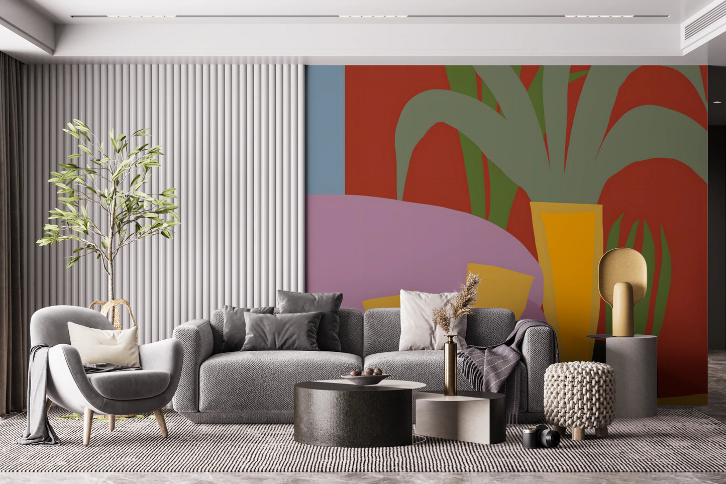 Peinture murale rayée « Vie de chat confortable » pour le salon