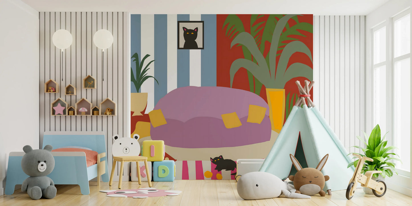 Peinture murale rayée « Vie de chat confortable » pour le salon