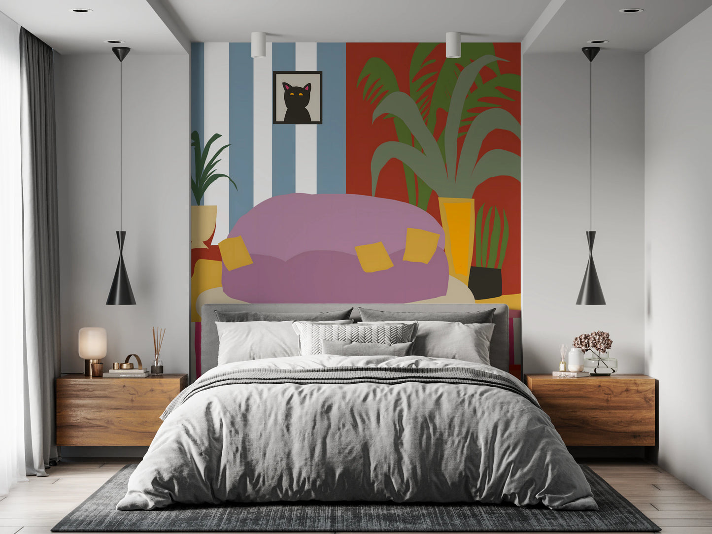 Peinture murale rayée « Vie de chat confortable » pour le salon