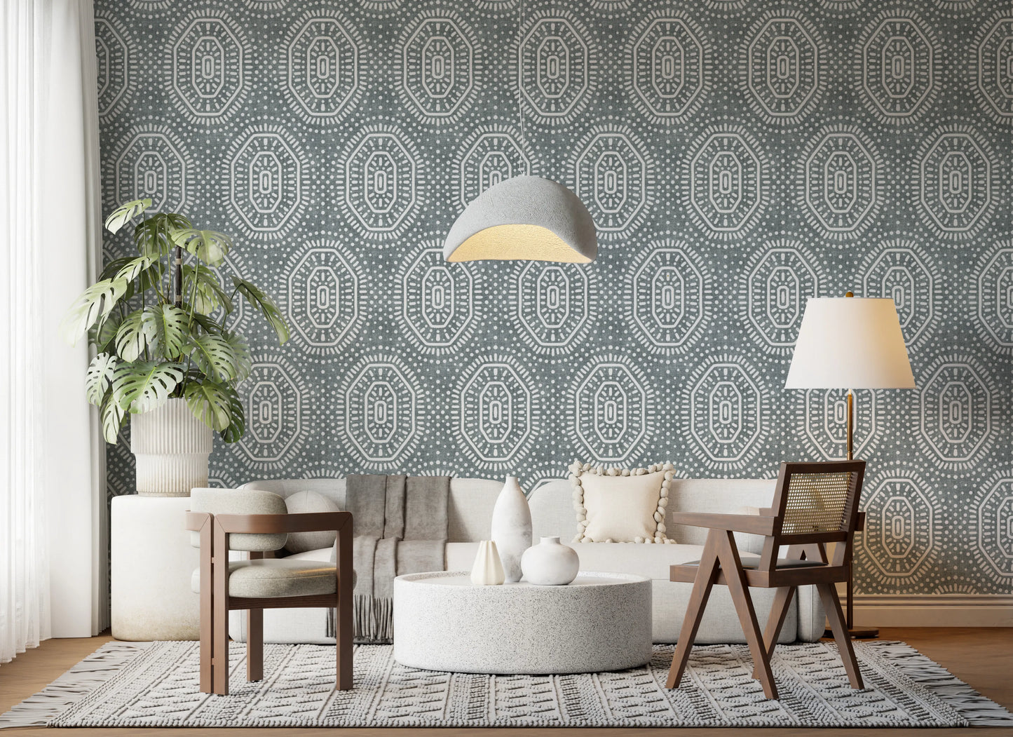 Boho Octagons Crochet Grunge Calming Blue Wallpaper⁠