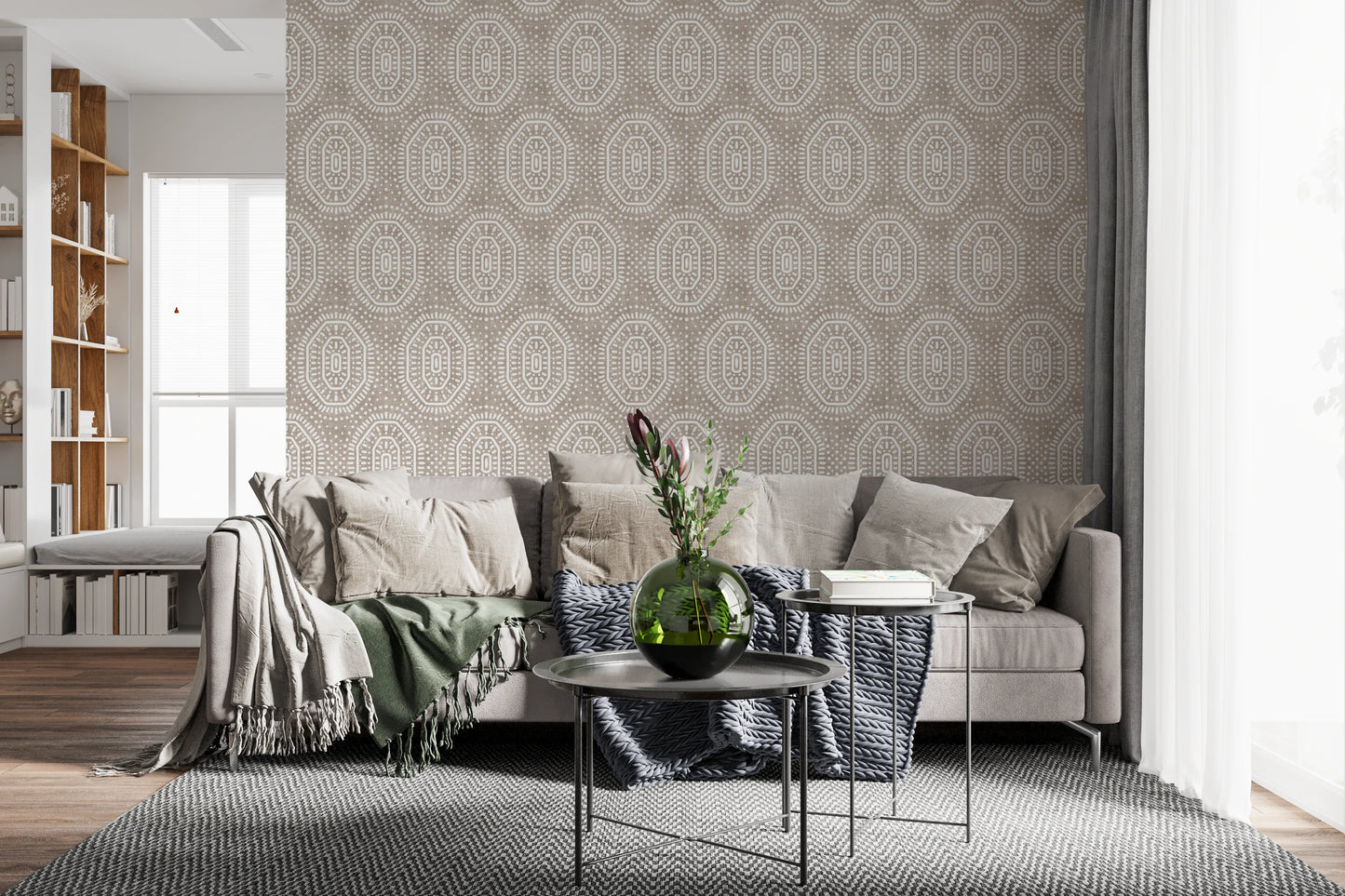 Boho Octagons Virkad Grunge Jordnära Beige Tapet