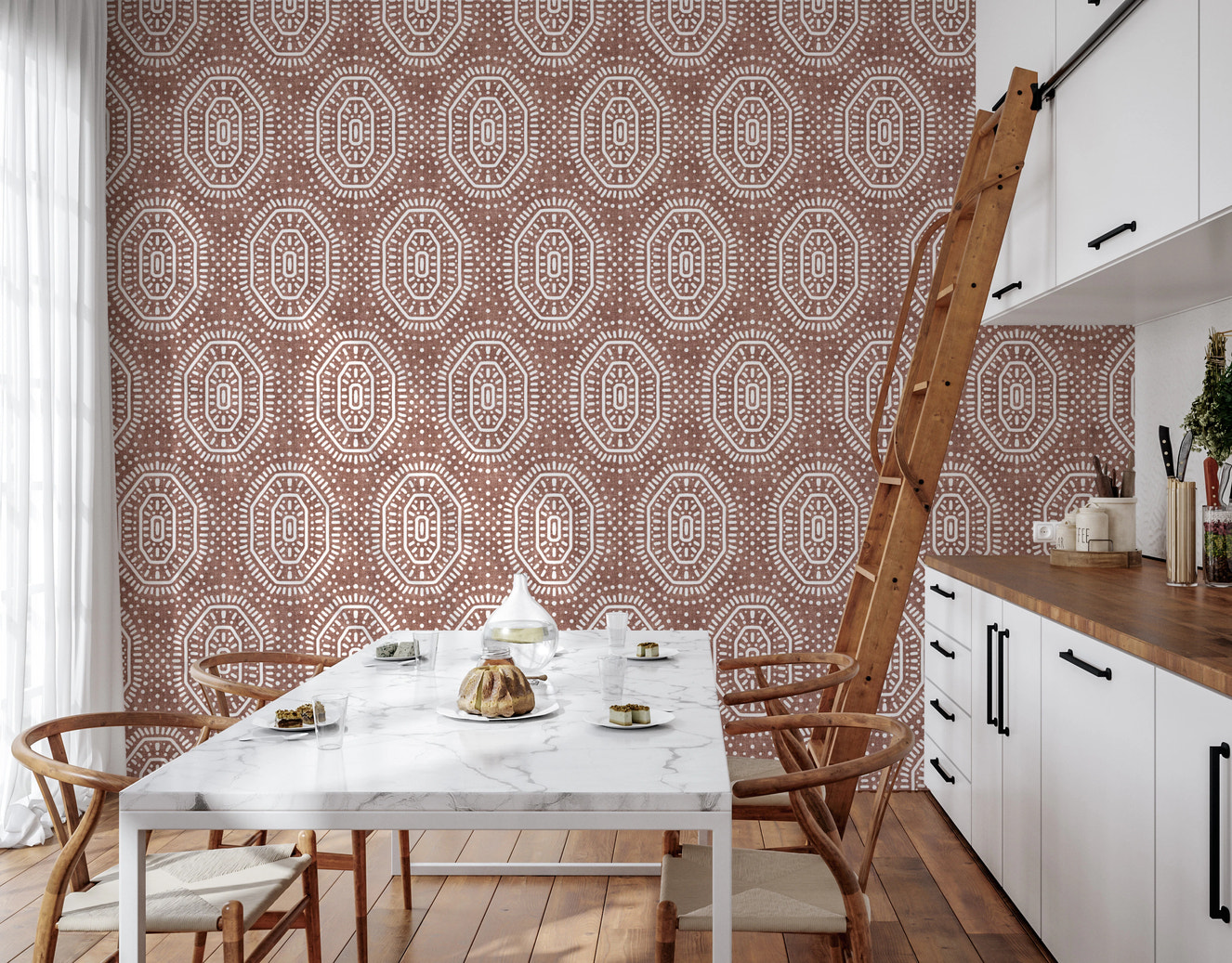 Boho Octagons Crochet Grunge Terracotta Red Wallpaper⁠