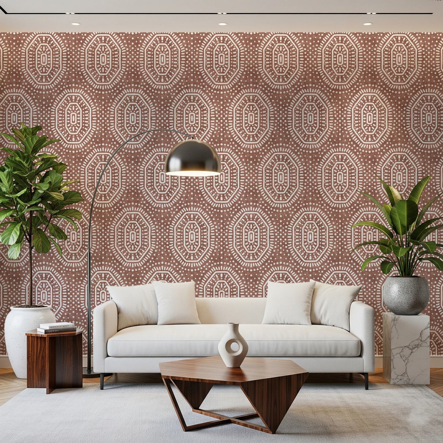 Boho achthoeken gehaakt grunge terracotta rood behang⁠