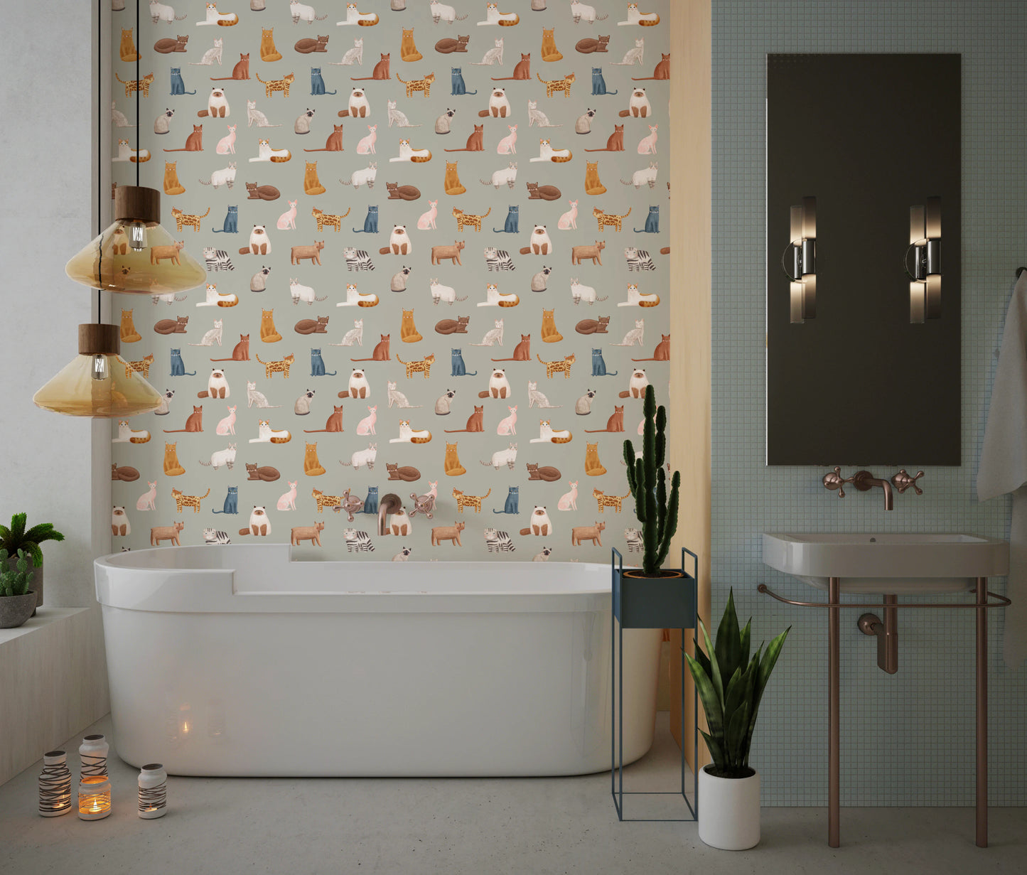 Elegante Katzen auf Safari-grüner Tapete