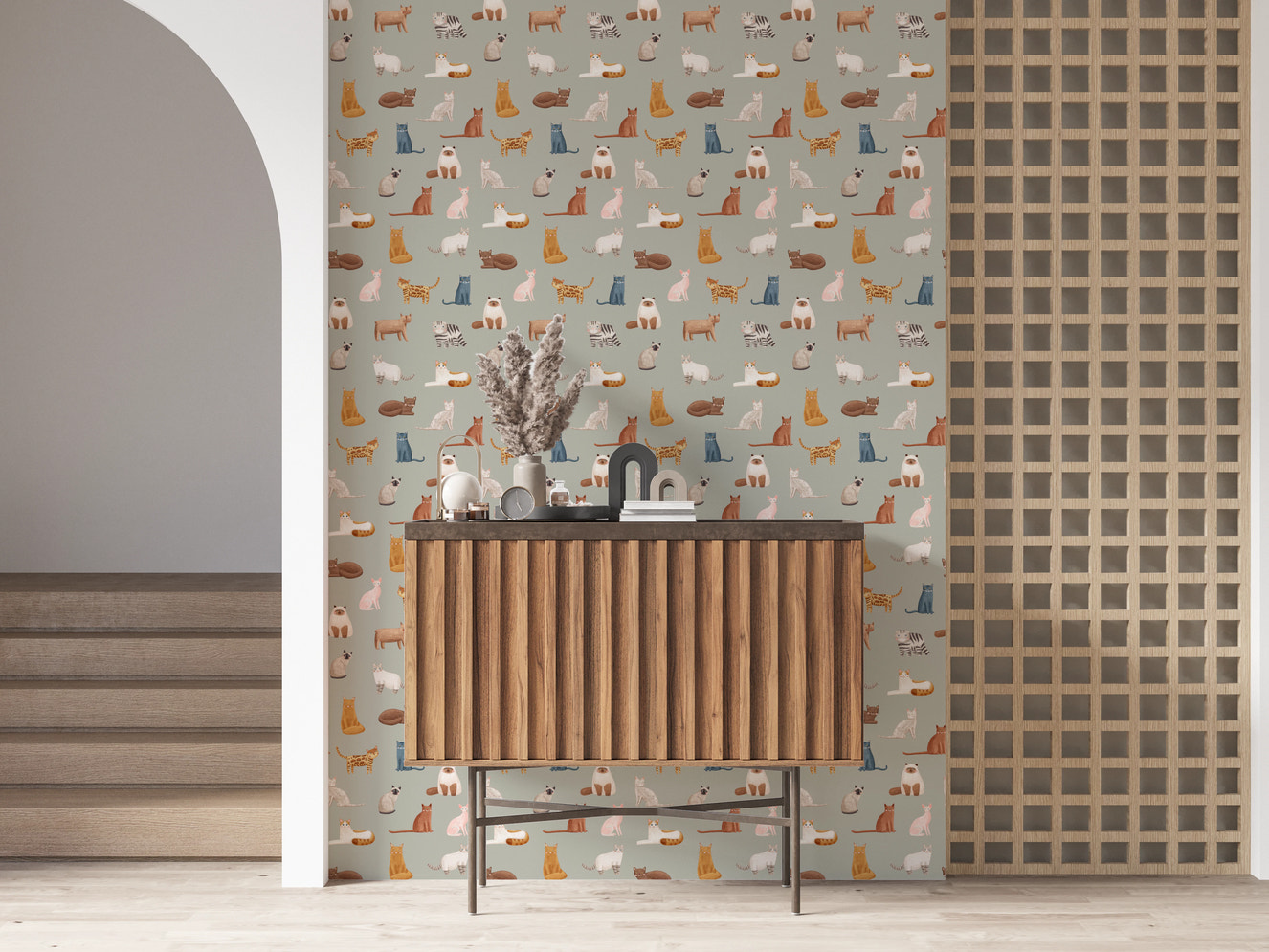 サファリグリーンの壁紙に描かれた猫たちのファンシーな様子⁠