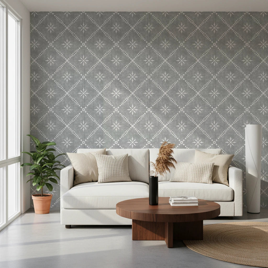 Boho Dotted Lattice Grunge Grey Clouds Wallpaper⁠