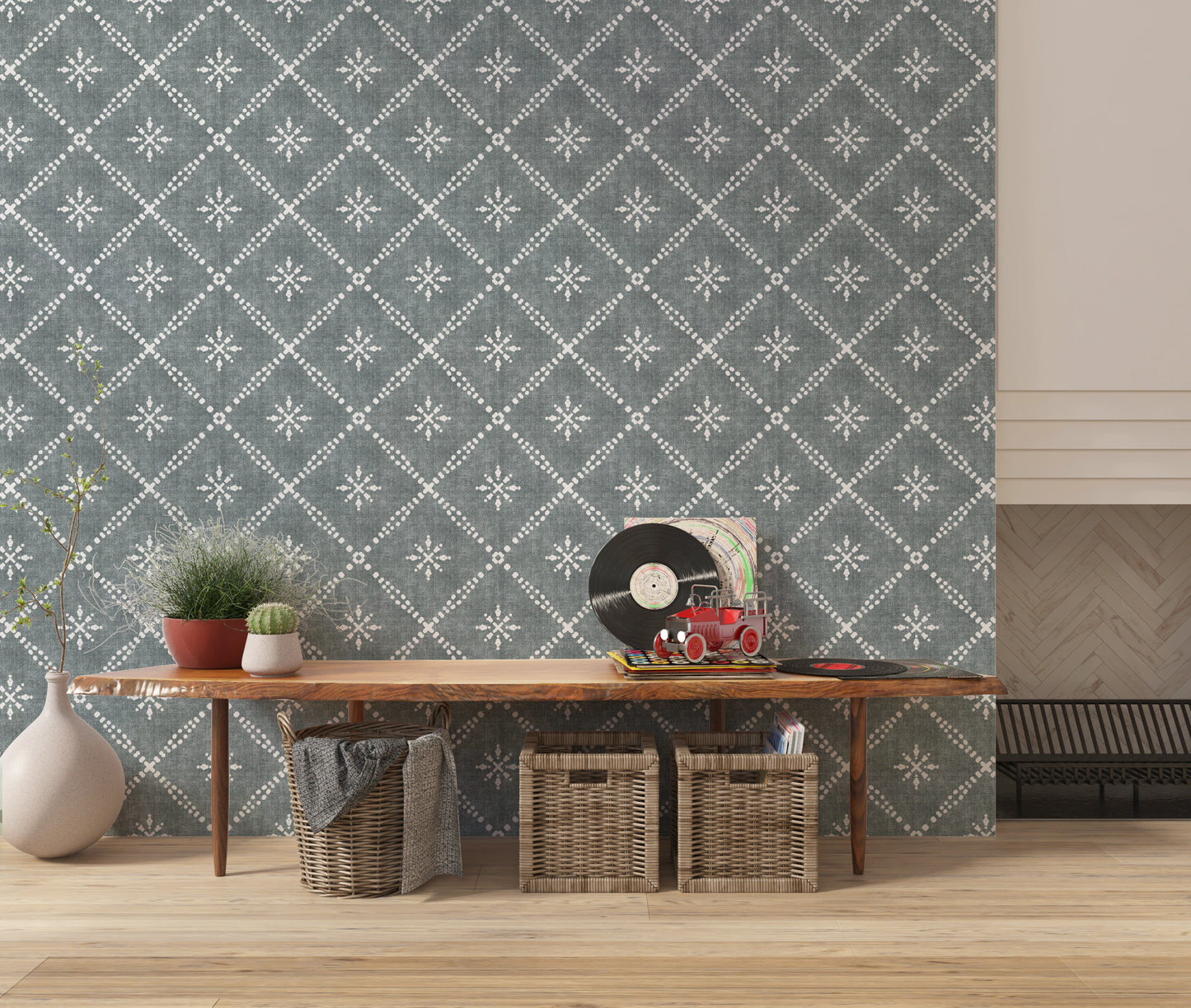 Tapeta w stylu boho w kropki i kratkę w kolorze grunge, uspokajająca, niebieska