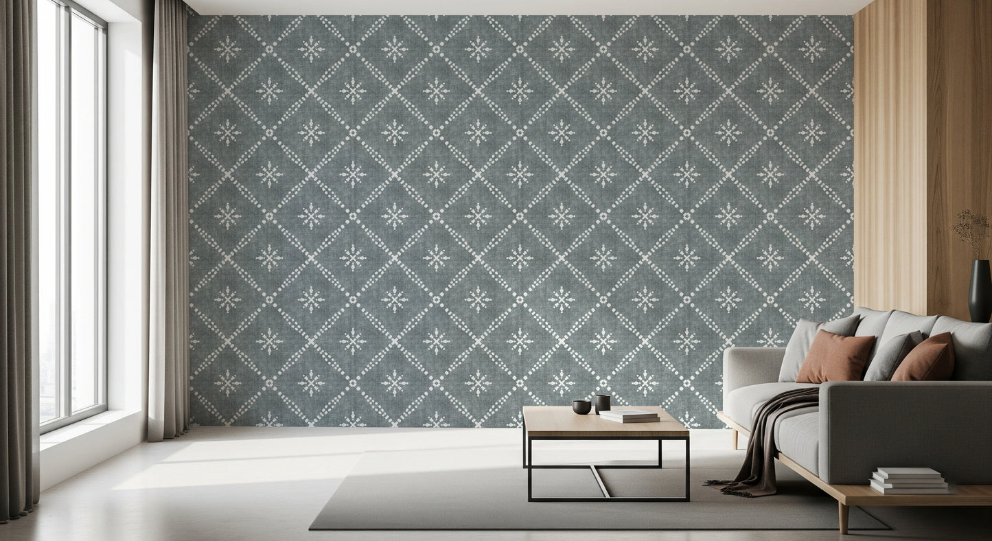 Tapeta w stylu boho w kropki i kratkę w kolorze grunge, uspokajająca, niebieska