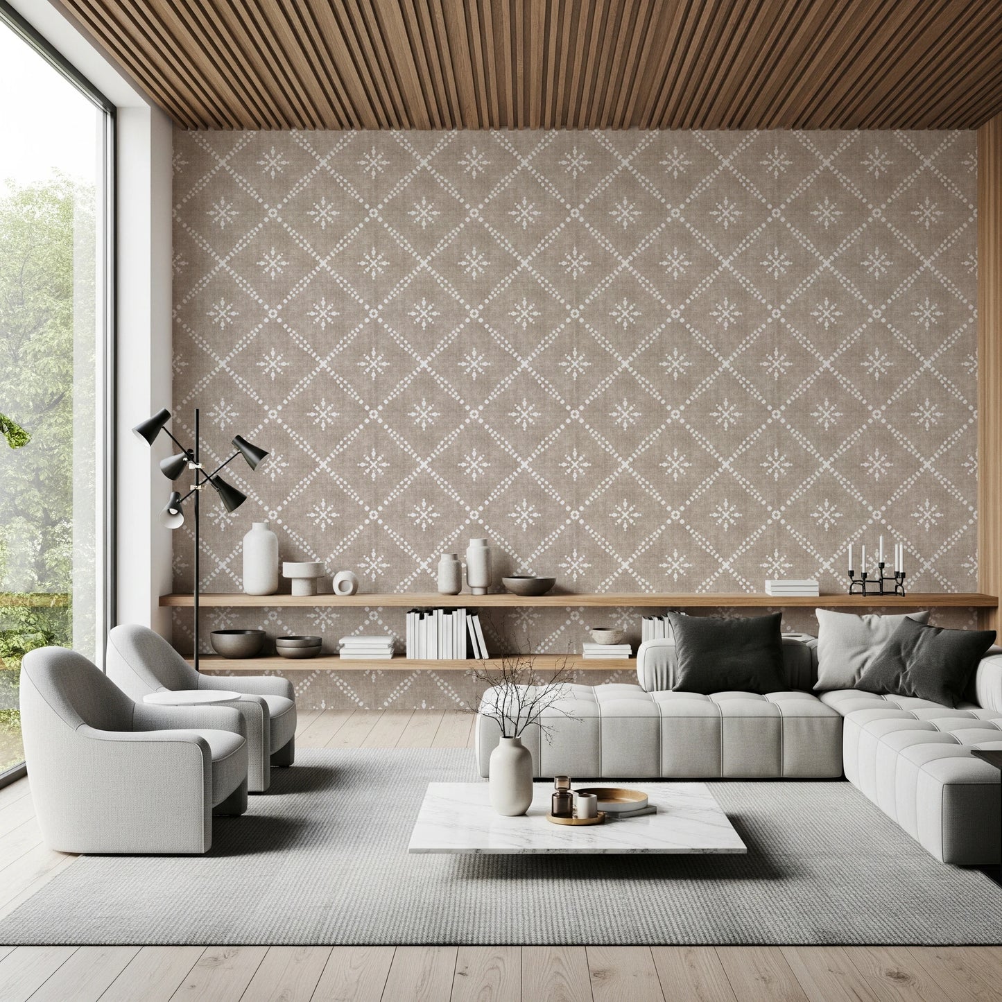 Boho behang met stippen en rasterpatroon, grunge-stijl en aardse beige tinten.