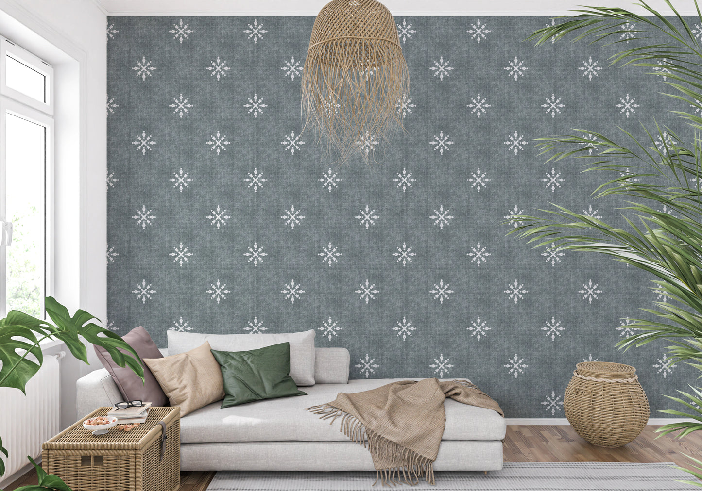 Boho minimalistisk ornament grunge beroligende blått tapet