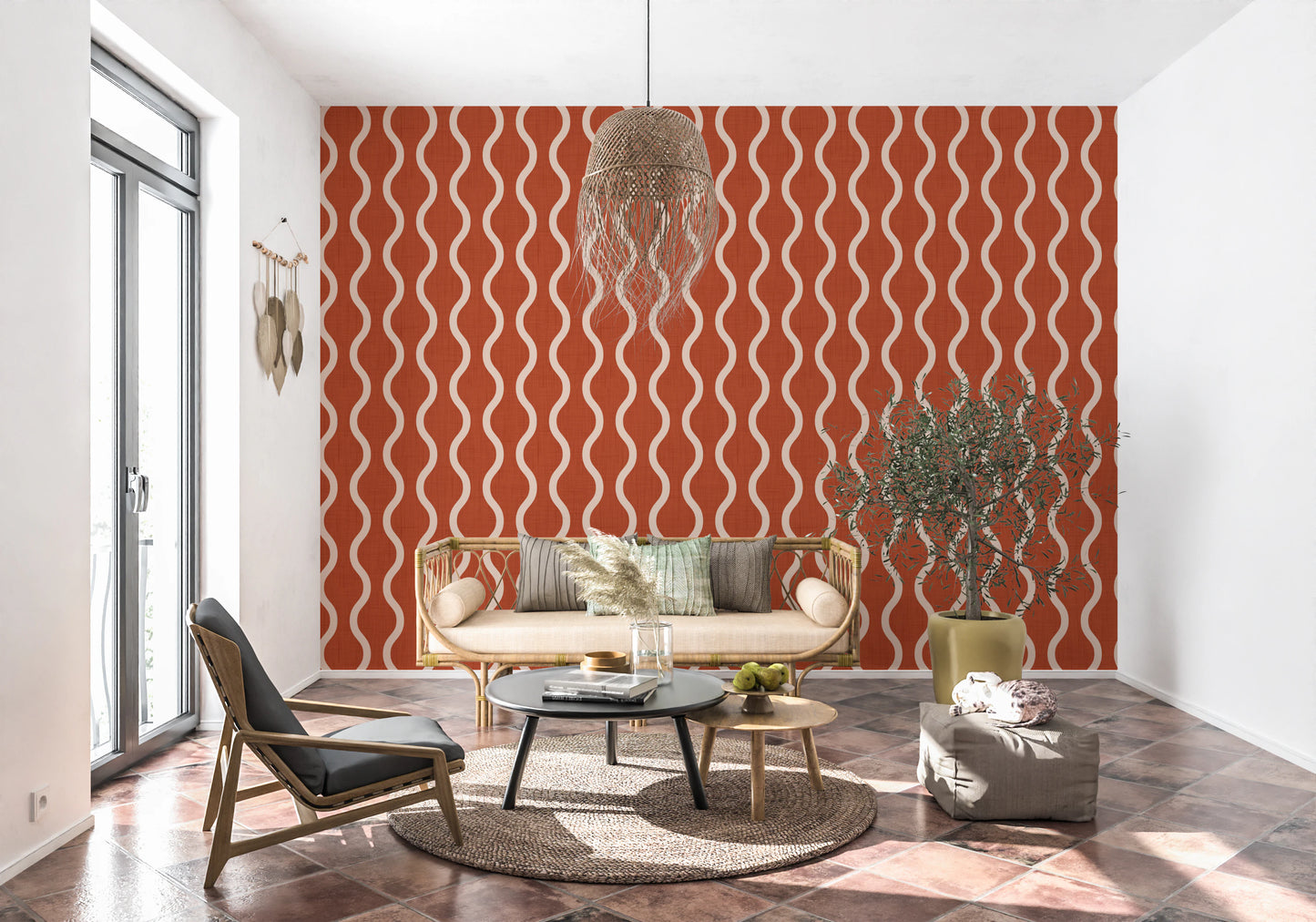 Koselig skandinavisk folkemusikk bølgete striper brent terrakotta - Craft Stripe Tapet