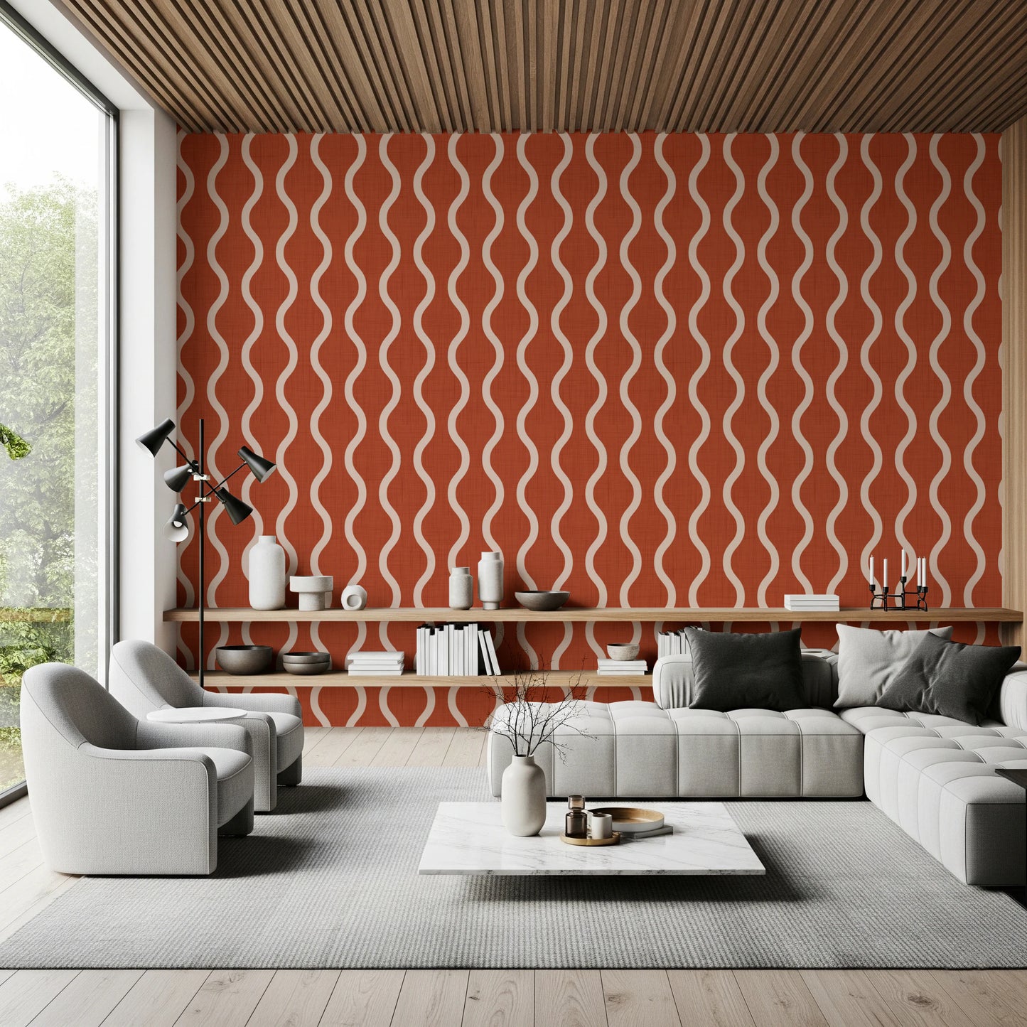 Koselig skandinavisk folkemusikk bølgete striper brent terrakotta - Craft Stripe Tapet