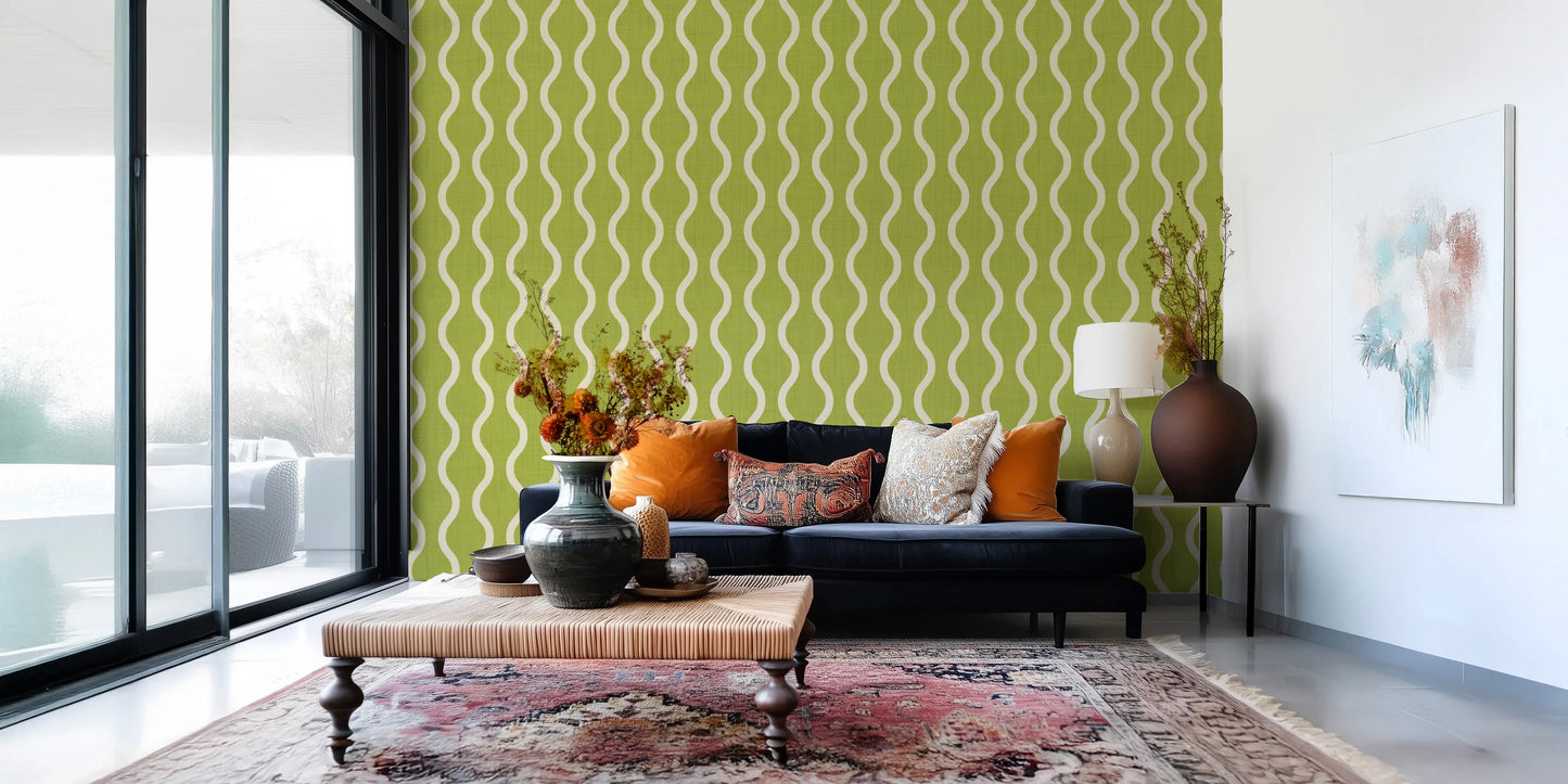 Cozy Scandi Folk Wavy Stripe Olive Chartreuse - Craft Stripe Wallpaper⁠