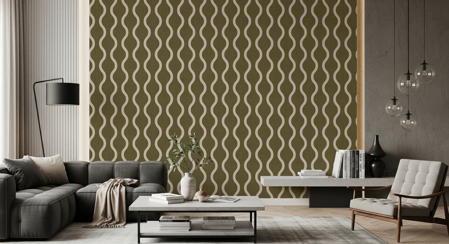 Cozy Scandi Folk Wavy Stripe Earthy Olive - Craft Stripe Wallpaper⁠