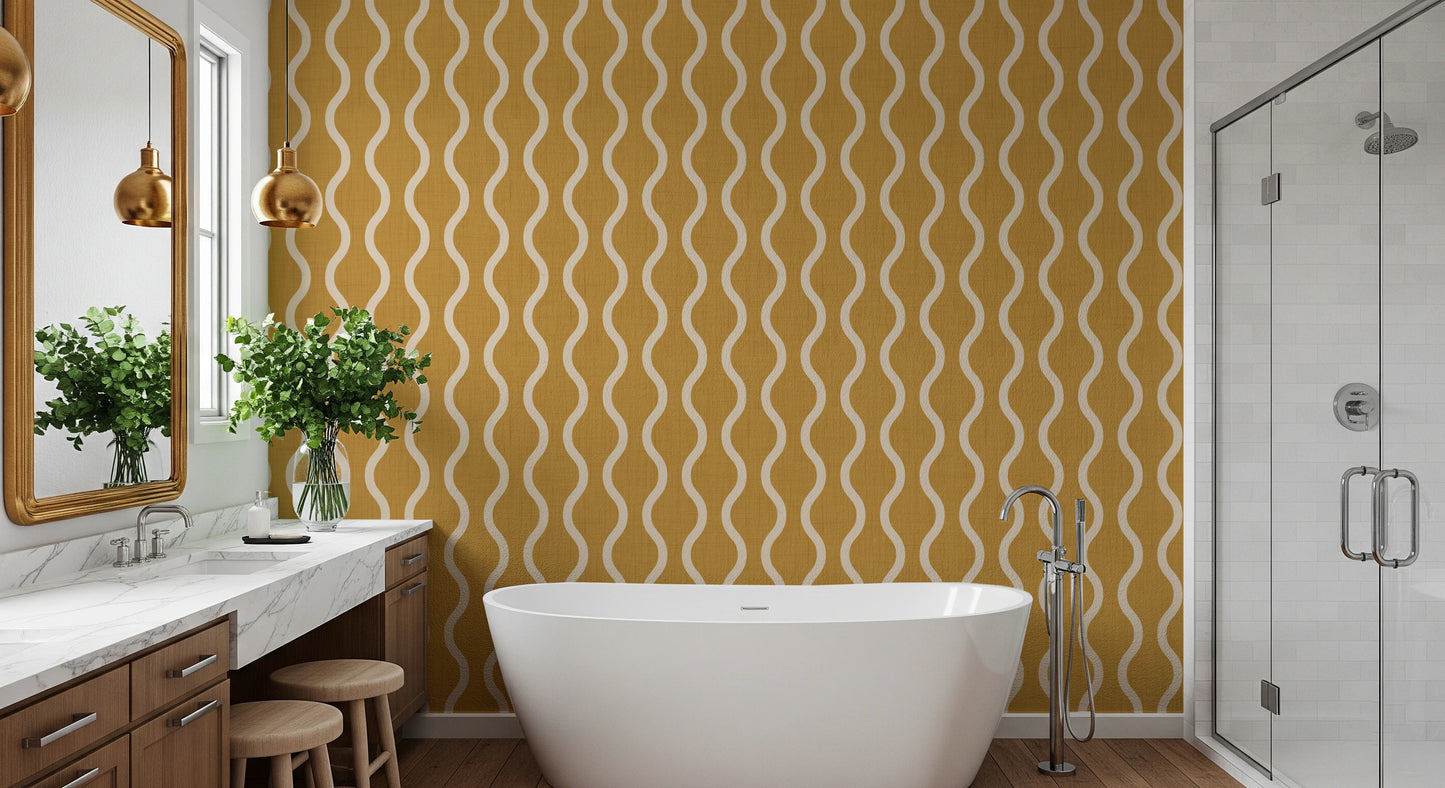 Cozy Scandi Folk Wavy Stripe Honey Mustard - Craft Stripe Wallpaper⁠