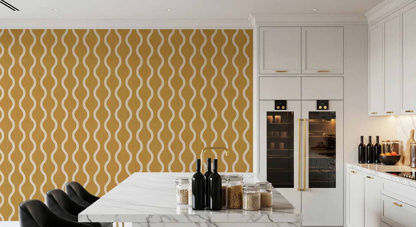 Cozy Scandi Folk Wavy Stripe Honey Mustard - Craft Stripe Wallpaper⁠