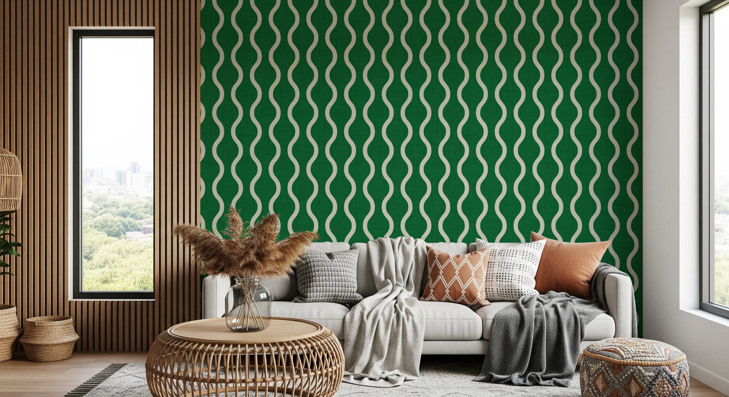 Cozy Scandi Folk Wavy Stripe Forest Green - Craft Stripe Wallpaper⁠