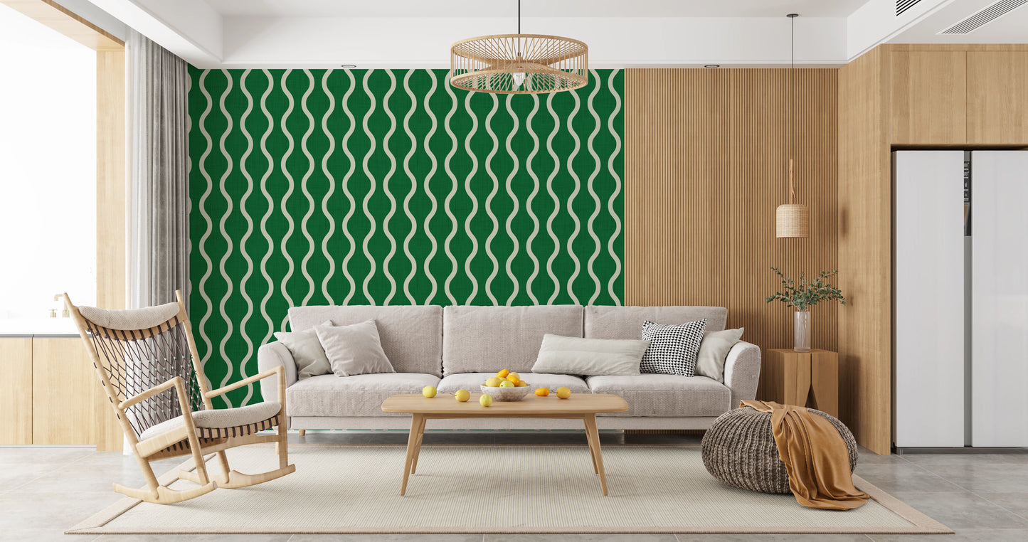 Cozy Scandi Folk Wavy Stripe Forest Green - Craft Stripe Wallpaper⁠