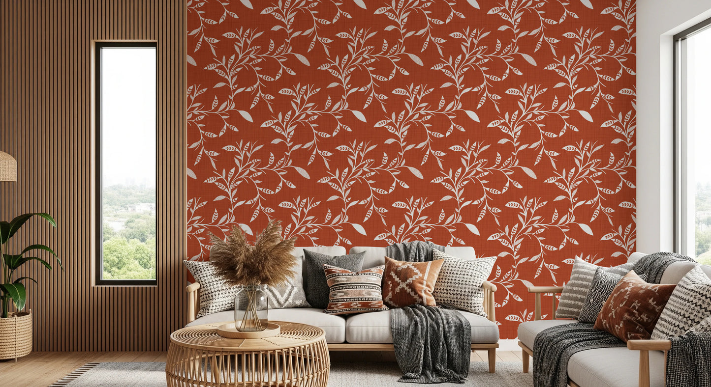 Cozy Scandi Folk Leaf Vine Burnt Terracotta - Craft Blender Wallpaper⁠