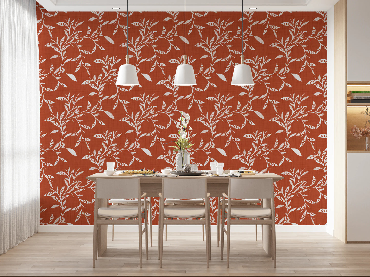 Cozy Scandi Folk Leaf Vine Burnt Terracotta - Craft Blender Wallpaper⁠