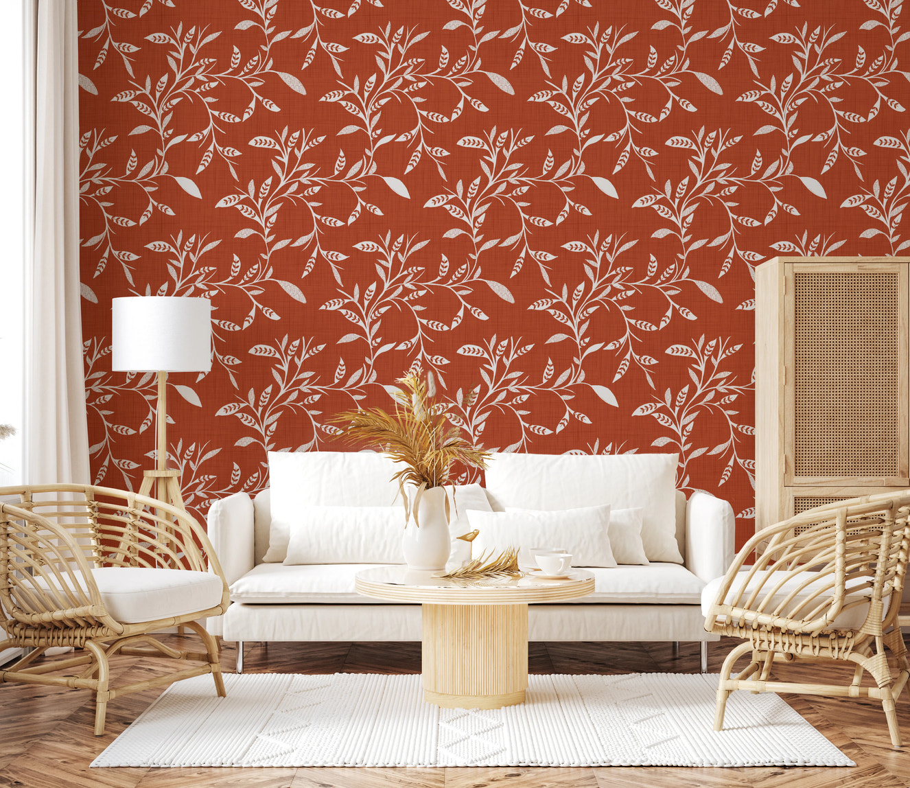 Cozy Scandi Folk Leaf Vine Burnt Terracotta - Craft Blender Wallpaper⁠