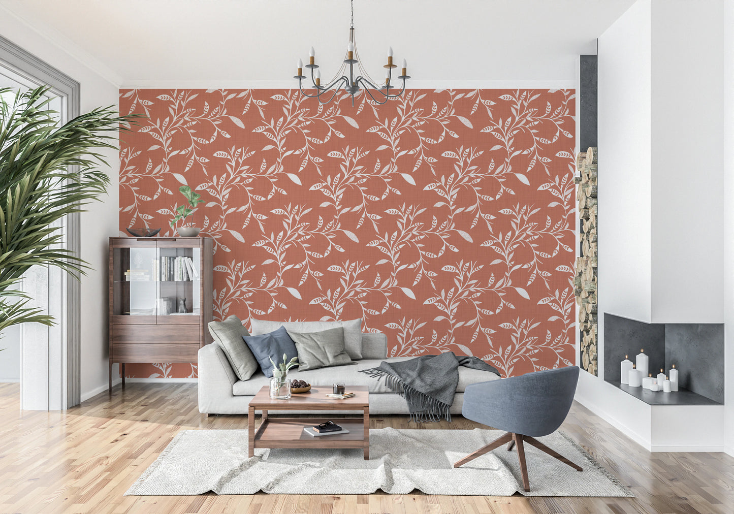 Cozy Scandi Folk Leaf Vine Burnt Terracotta - Craft Blender Wallpaper⁠