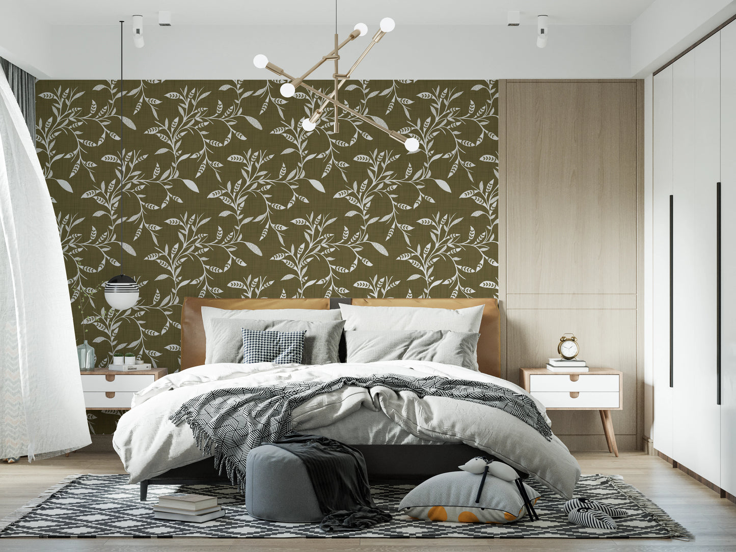 Cozy Scandi Folk Leaf Vine Earthy Olive - Craft Blender Wallpaper⁠