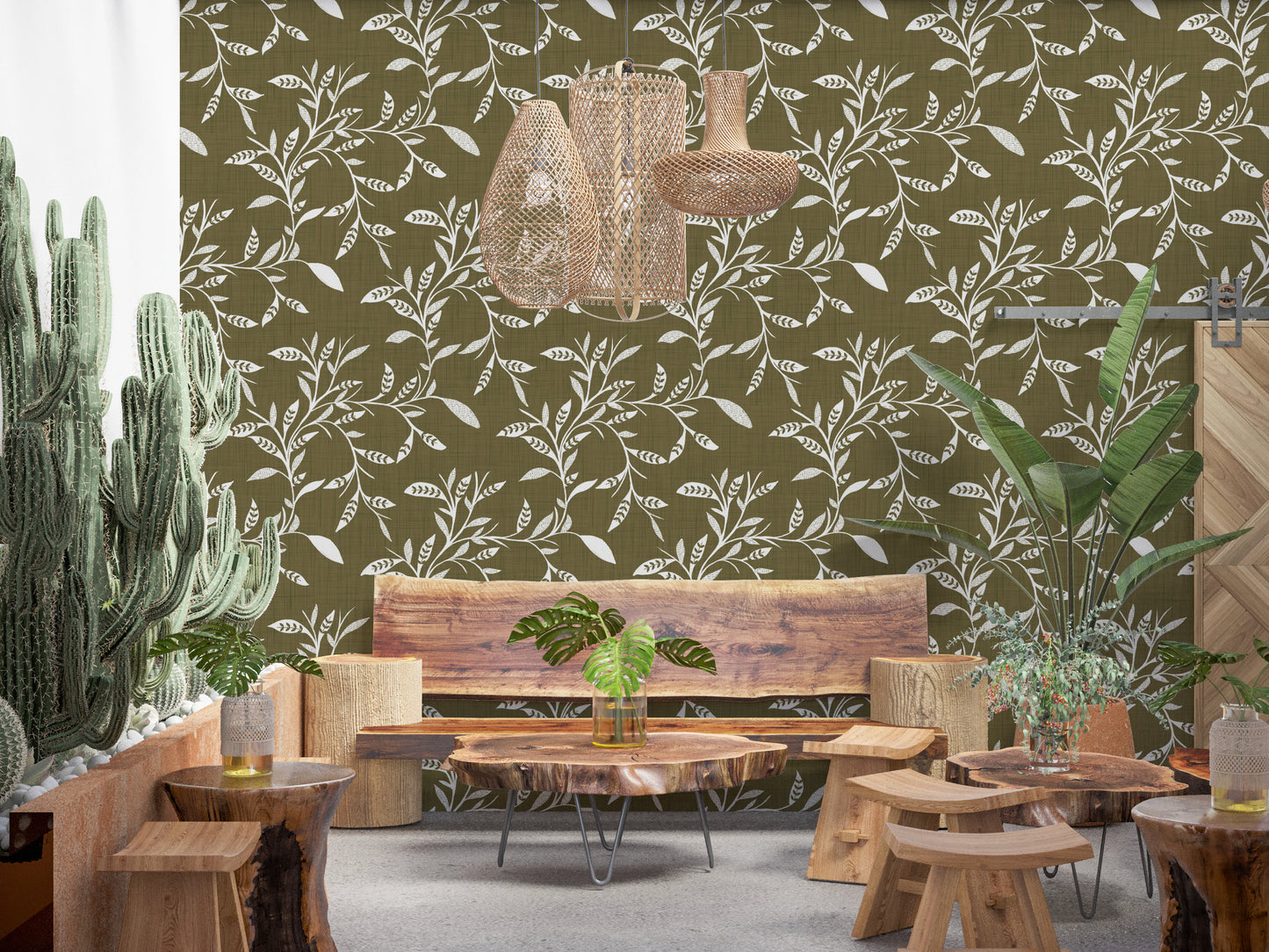 Cozy Scandi Folk Leaf Vine Earthy Olive - Craft Blender Wallpaper⁠