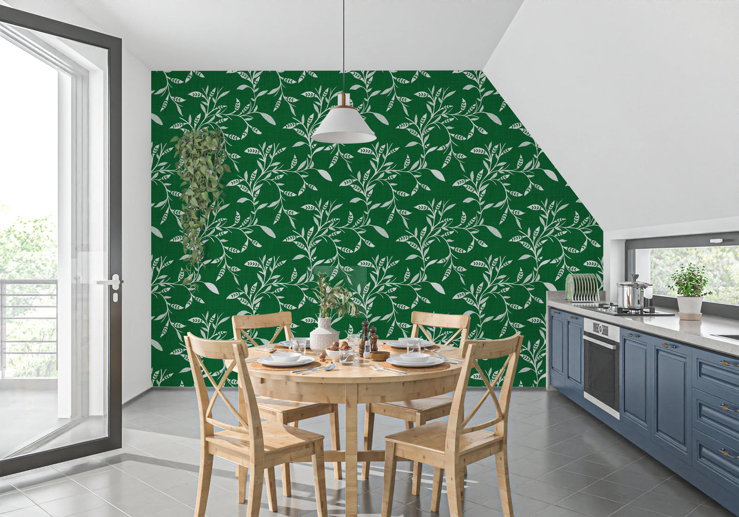 Cozy Scandi Folk Leaf Vine Forest Green - Craft Blender Wallpaper⁠
