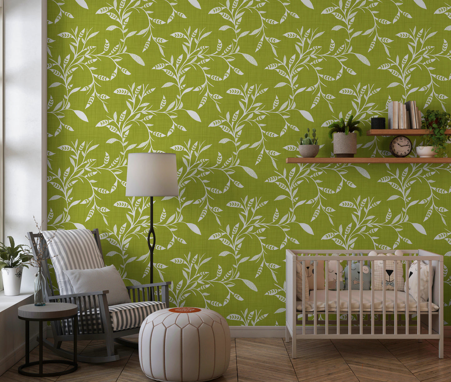 Cozy Scandi Folk Leaf Vine Olive Chartreuse - Craft Blender Wallpaper⁠