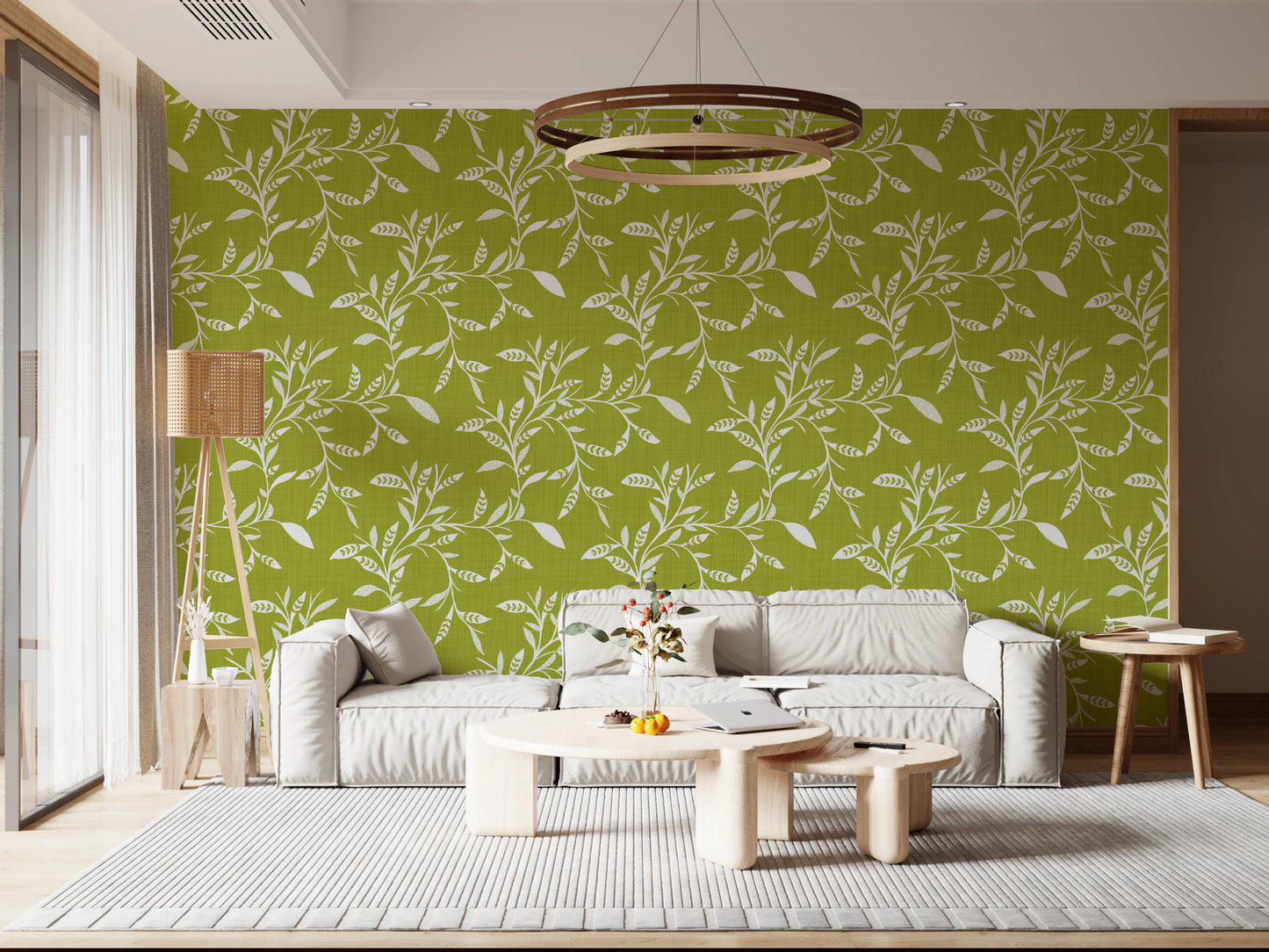 Cozy Scandi Folk Leaf Vine Olive Chartreuse - Craft Blender Wallpaper⁠