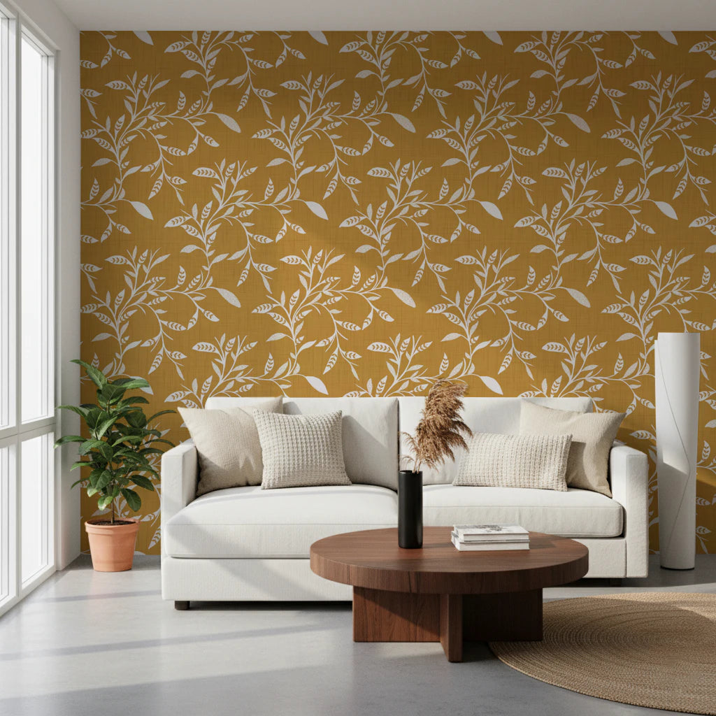 Cozy Scandi Folk Leaf Vine Honey Mustard - Craft Blender Wallpaper⁠