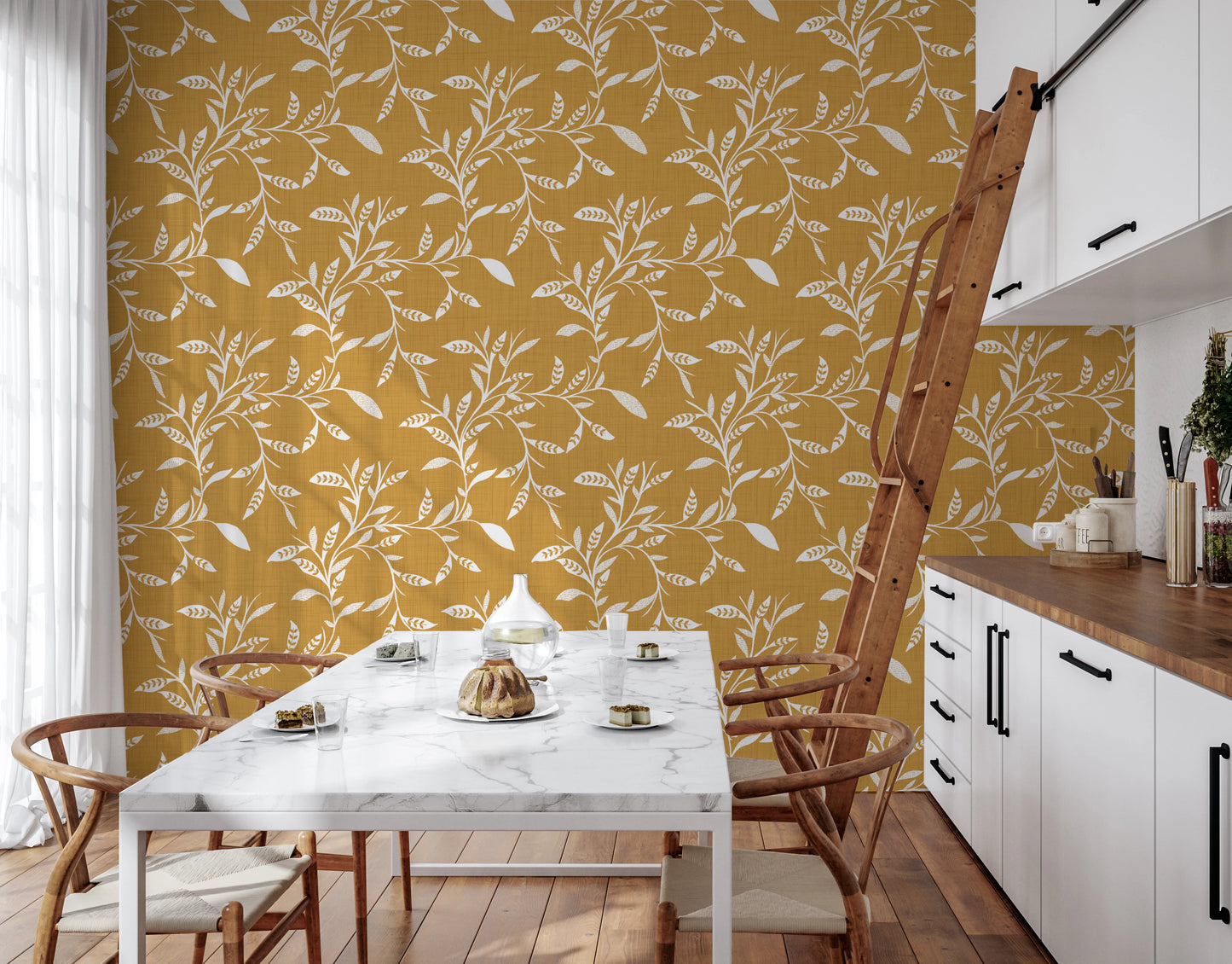 Cozy Scandi Folk Leaf Vine Honey Mustard - Craft Blender Wallpaper⁠