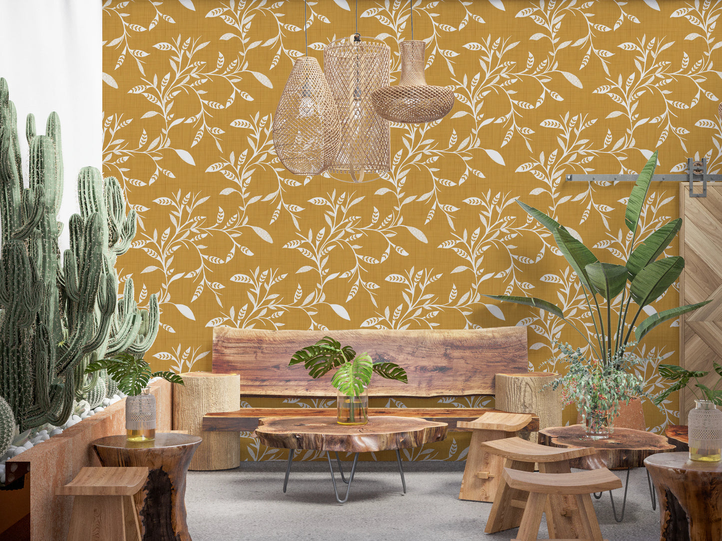 Cozy Scandi Folk Leaf Vine Honey Mustard - Craft Blender Wallpaper⁠