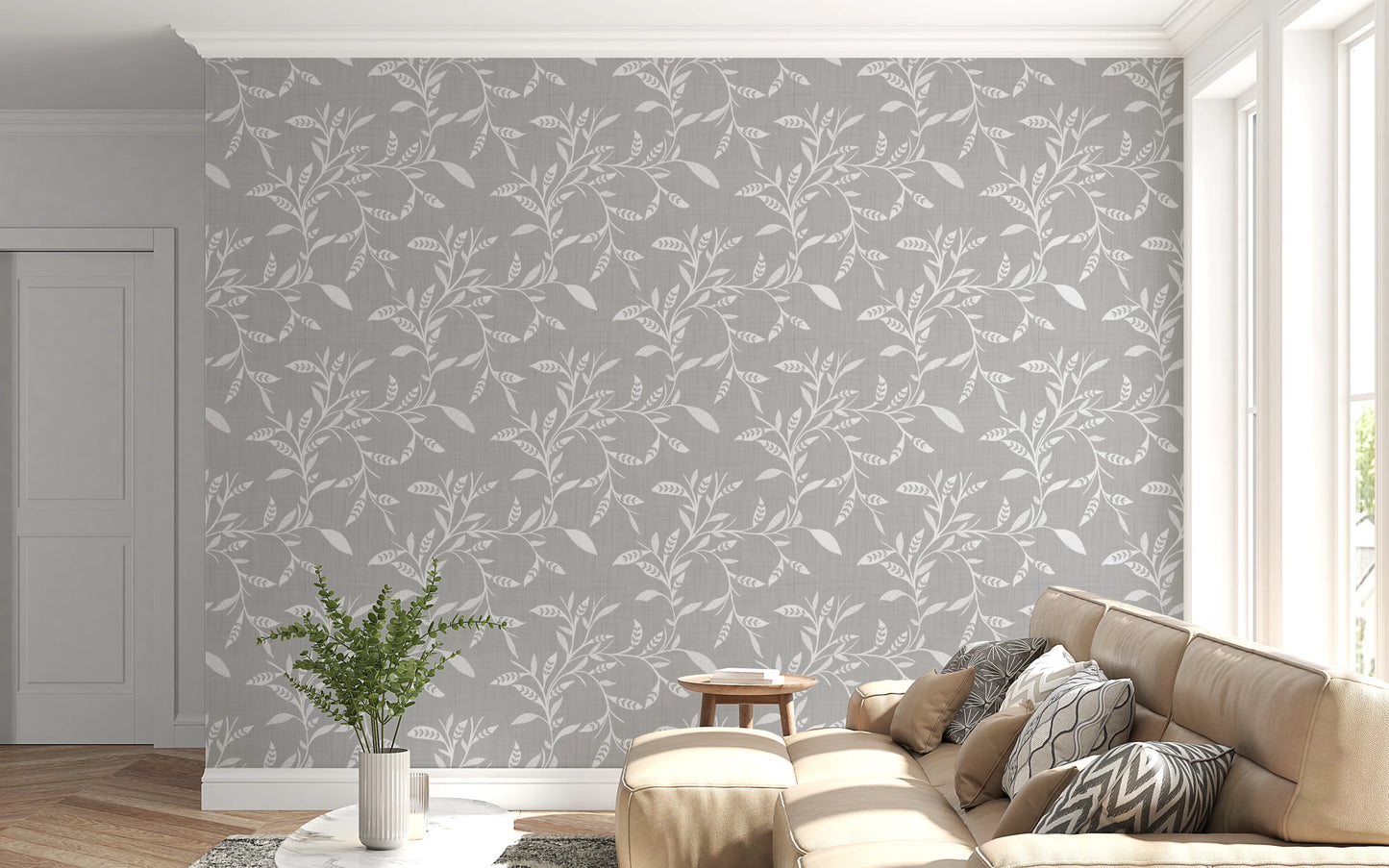 Cozy Scandi Folk Leaf Vine Warm Linen - Craft Blender Wallpaper⁠